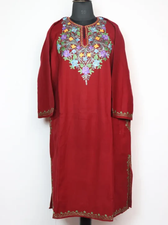 Rekhta-e-Rooh Maroon Pheran in Cashmilon Wool with Aari Work