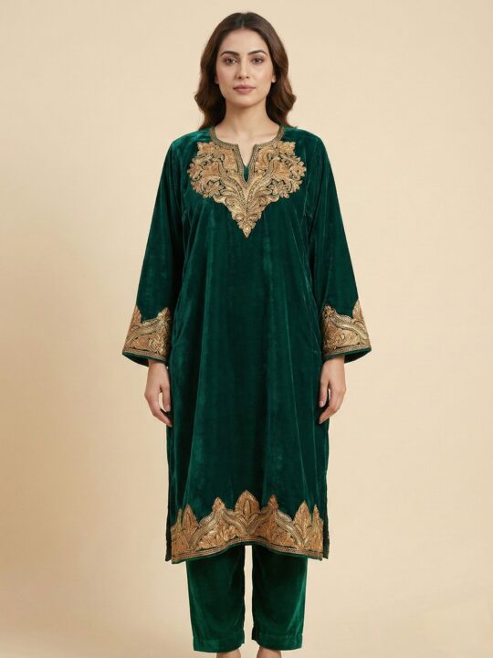 Kashmiri Dark Green Velvet Pheran Designer Rida in Botte Tilla Work