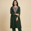 Dark Green Pure Wool Kashmiri Sozni Pheran