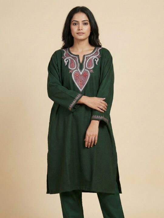 Dark Green Pure Wool Kashmiri Sozni Pheran