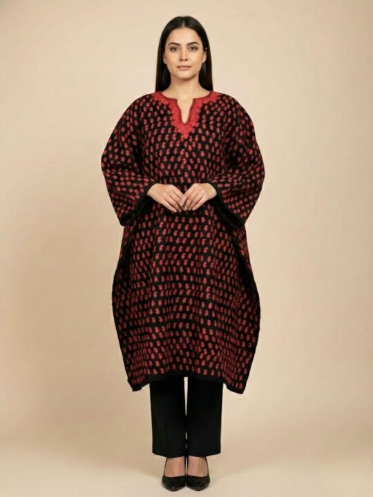 Afsheen Black Cashmilon Pheran with All - Over Badami Aari Design