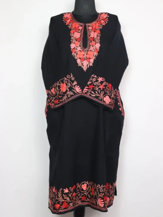 Black Aari Embroidery Pheran Zysha in Cashmilon Wool