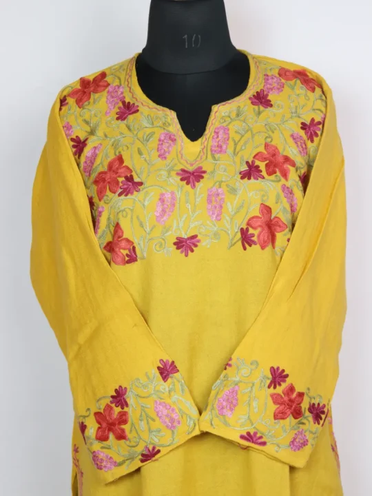 Mustard Aari Work Kurti in Ayzel Raffal Wool