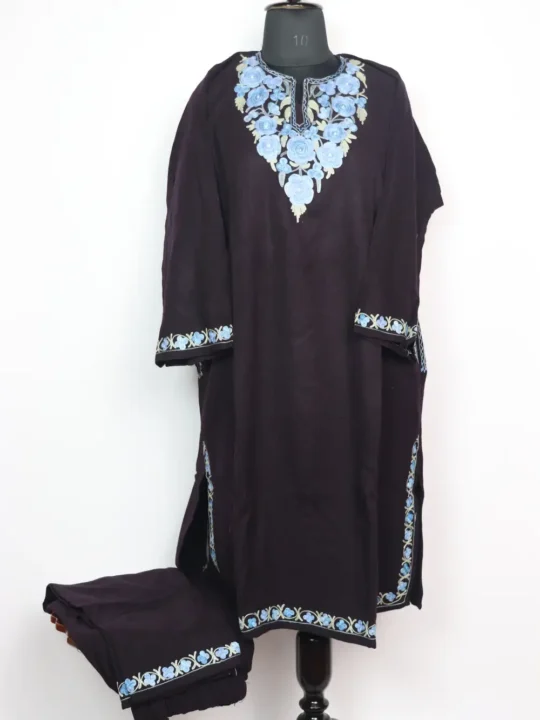 Black Cashmilon Wool 2pc Pheran Set with Aari Embroidery Noor