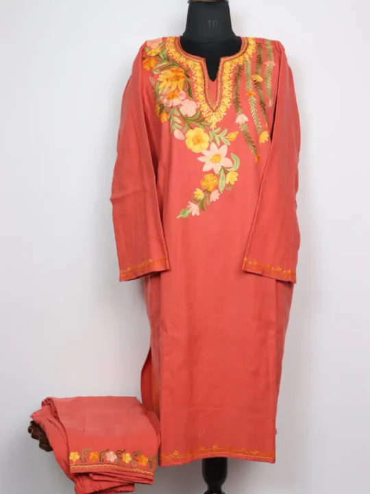 Cashmilon Wool 2pc Zairah Pink Pheran Set with Aari Embroidery