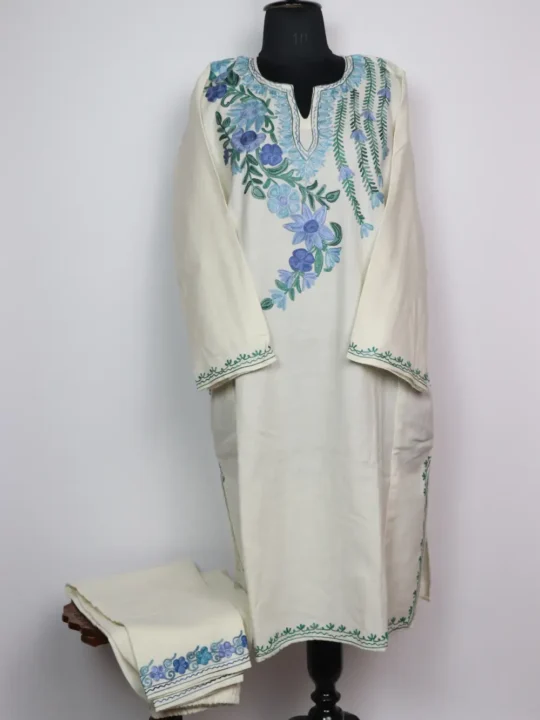 Samirah White Cashmilon Wool 2pc Pheran Set with Aari Embroidery