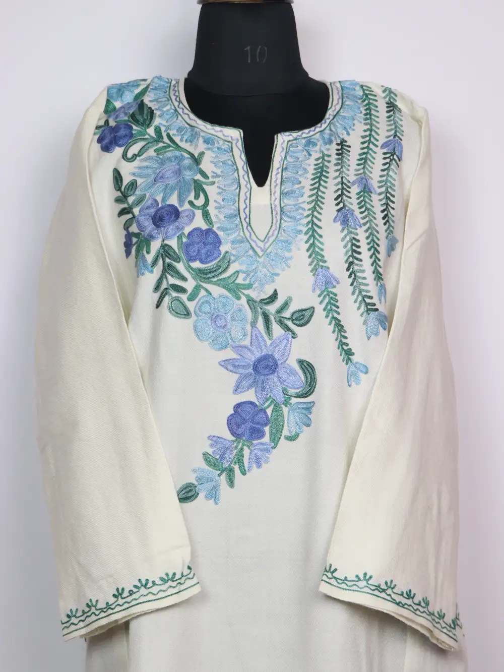 Samirah White Cashmilon Wool 2pc Pheran Set with Aari Embroidery - Image 2