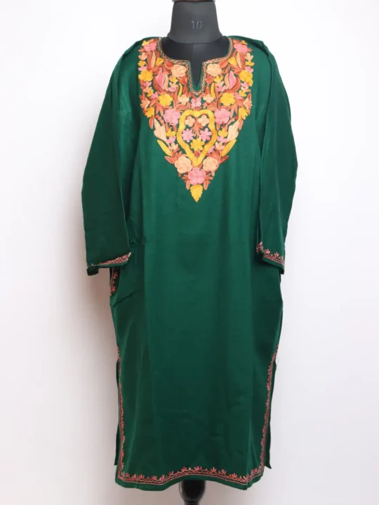 Jashn-e-Rekhta Green Cashmilon Pheran with Aari Embroidery