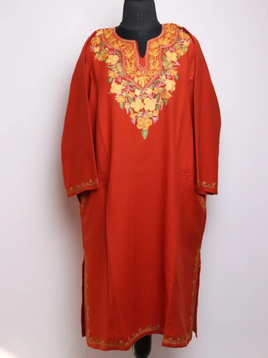 Cashmilon Jashn-e-Rekhta Woolen Orange Pheran with Aari Embroidery