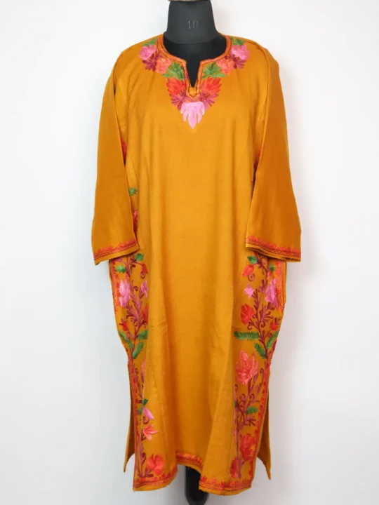 Yellow Rang-e-Rekhta Cashmilon Wool Pheran with Aari Embroidery