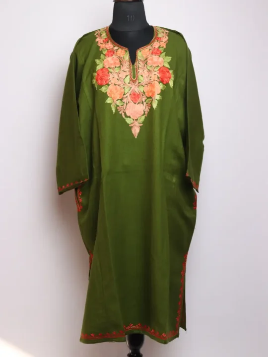 Mehndi Green Cashmilon Jashn-e-Rekhta Woolen Pheran with Aari Embroidery