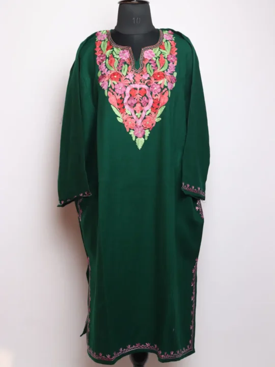 Dark Green Cashmilon Jashn-e-Rekhta Woolen Pheran with Aari Embroidery