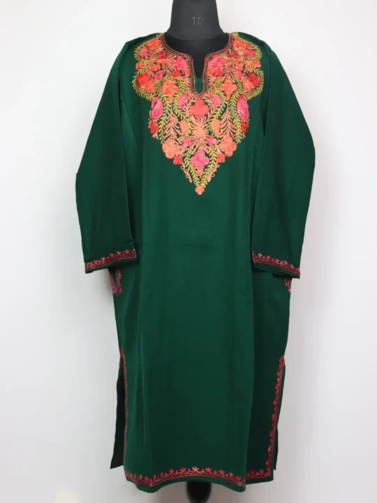 Cashmilon Jashn-e-Rekhta Woolen Dark Green Pheran with Aari Embroidery