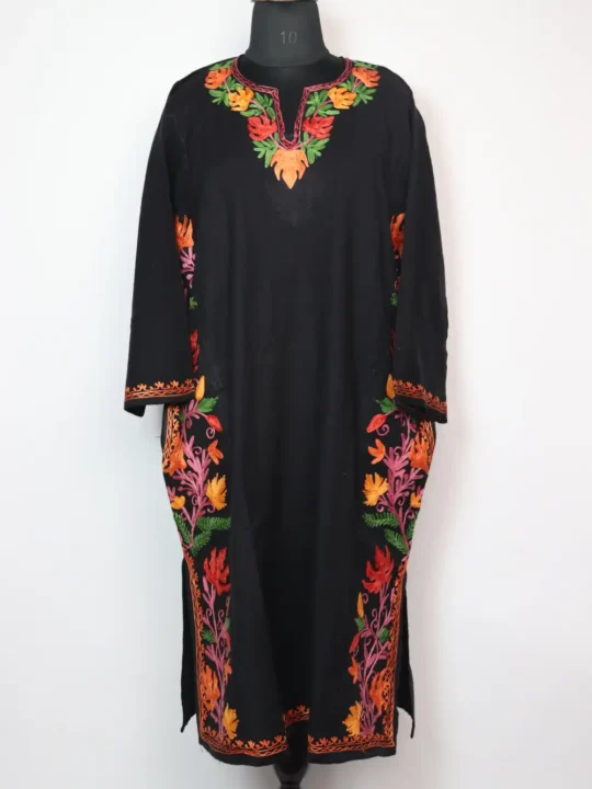 Black Cashmilon Rang-e-Rekhta Woolen Pheran with Aari Embroidery