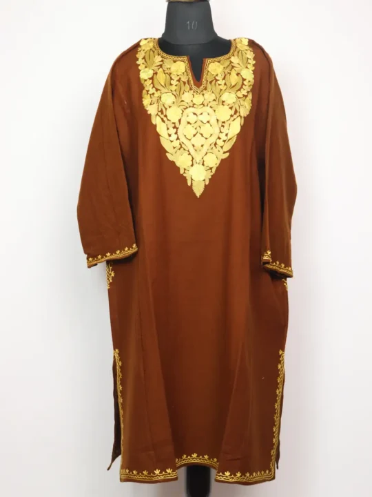Cashmilon Wool Jashn-e-Rekhta Brown Pheran with Aari Embroidery