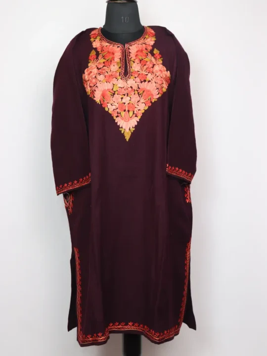 Cashmilon Wool Jashn-e-Rekhta Wine Pheran with Aari Embroidery
