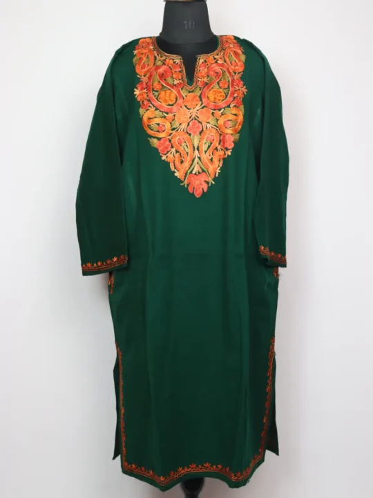 Dark Green Cashmilon Wool Jashn-e-Rekhta Pheran with Aari Embroidery