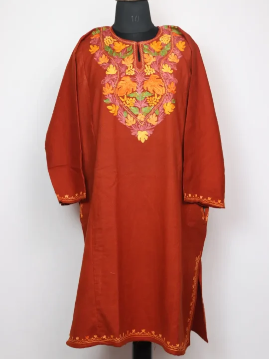 Rust Cashmilon Wool Pheran with Aari Embroidery Jashn-e-Rekhta