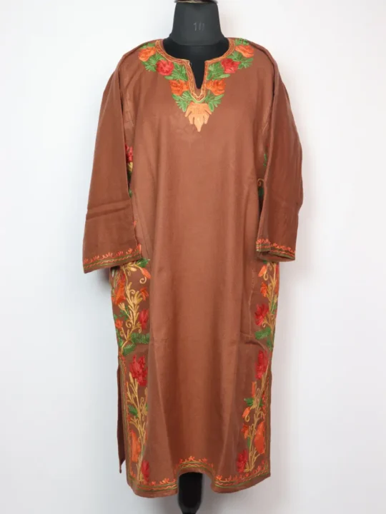 Brown Cashmilon Rang-e-Rekhta Woolen Pheran with Aari Embroidery