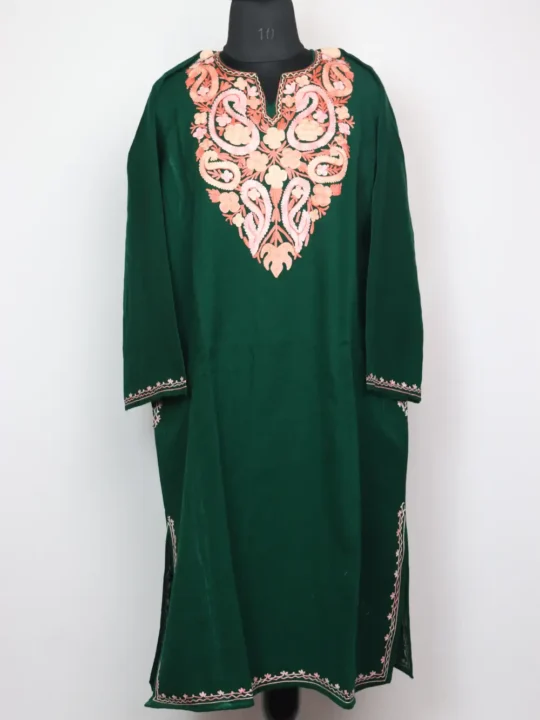 Cashmilon Wool Pheran in Dark Geen with Aari Embroidery Jashn-e-Rekhta