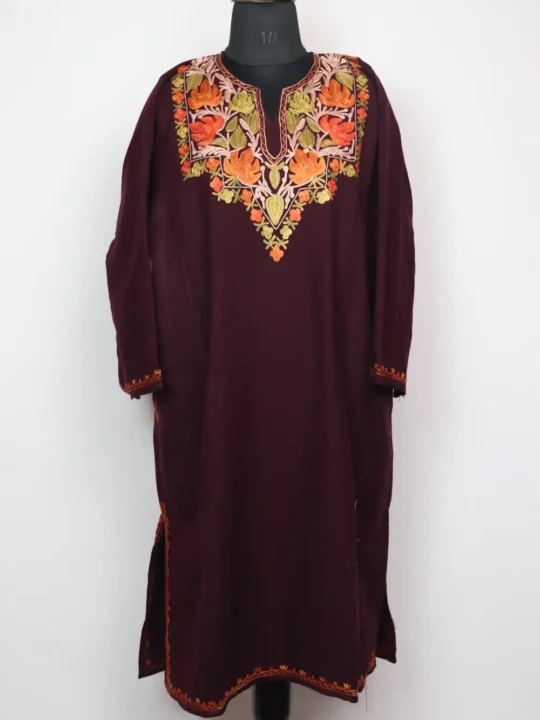 Wine Cashmilon Wool Pheran with Jashn-e-Rekhta Aari Embroidery