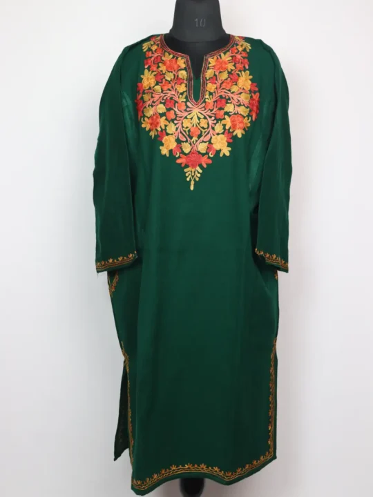 Cashmilon Wool Dark Green Pheran with Jashn-e-Rekhta Aari Embroidery