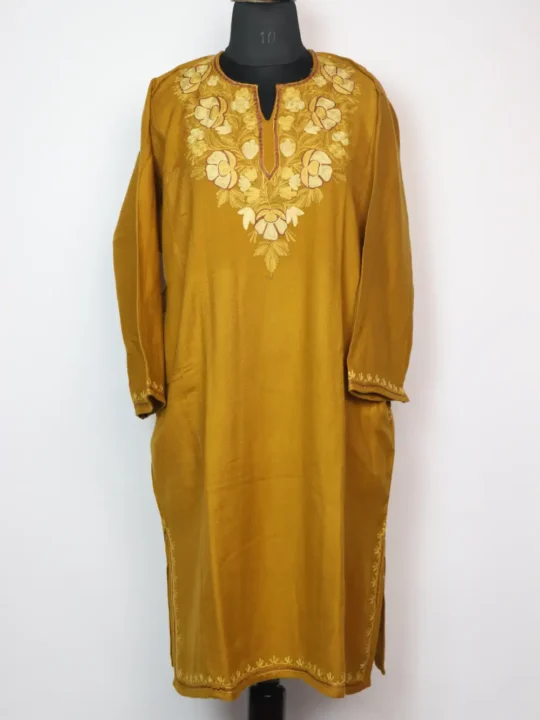 Cashmilon Wool Bush Brown Dastan-e-Rekhta Pheran with Aari Embroidery