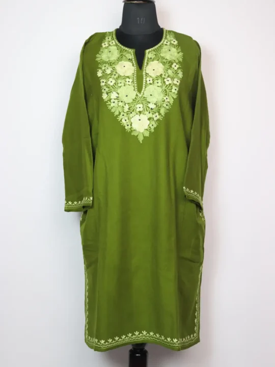 Cashmilon Wool Green Dastan-e-Rekhta Pheran with Aari Embroidery