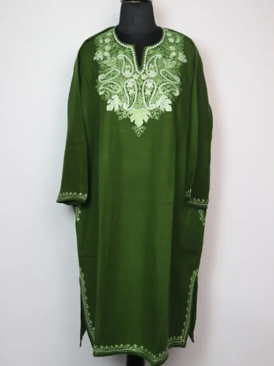 Olive Green Cashmilon Wool Dastan-e-Rekhta Pheran with Aari Embroidery