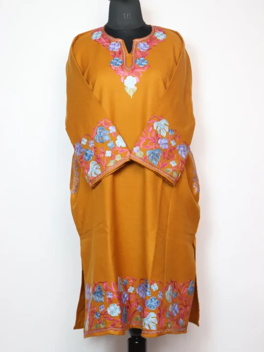 Cashmilon Wool Rustic Orange Rang-e-Rekhta Pheran with Aari Embroidery