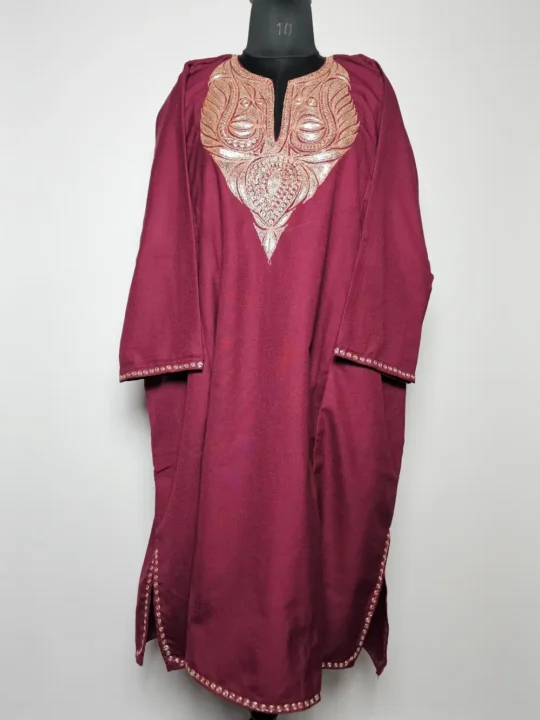Norain Donear Loose Tweed Wool Maroon Pheran with Botte Tilla Embroidery