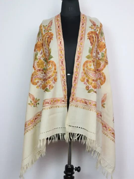 White Yameen Polywool Stole With Aari Embroidery