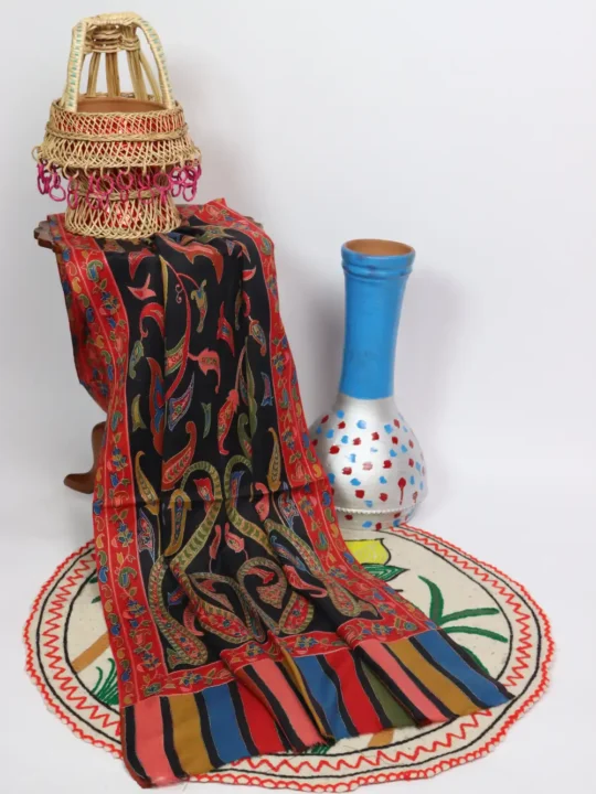 Black Polywool Stole With Nusrat Kalamkari and Sozni Embroidery