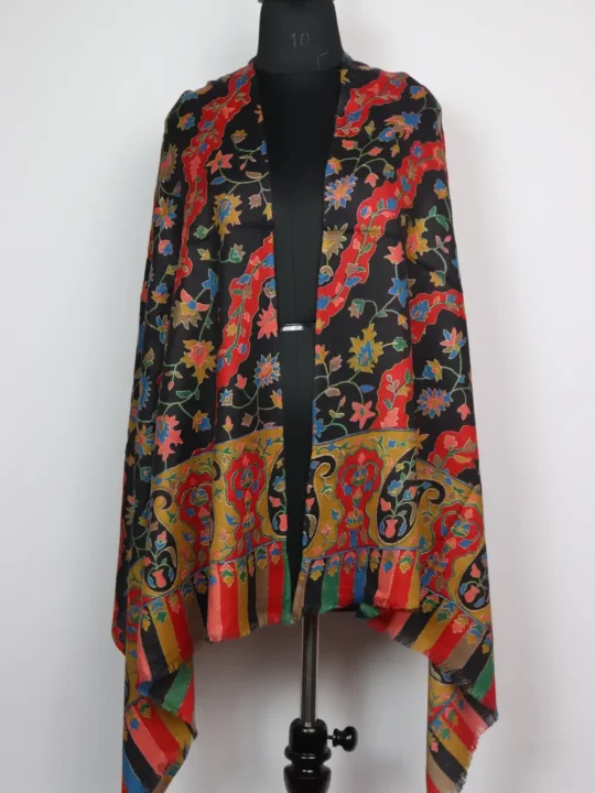 Black Polywool Stole With Kalamkari and Sozni Embroidery Haniah