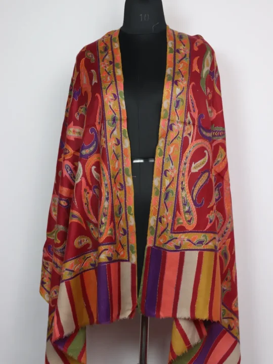 Red Polywool Stole With Kalamkari and Sozni Embroidery Farzana
