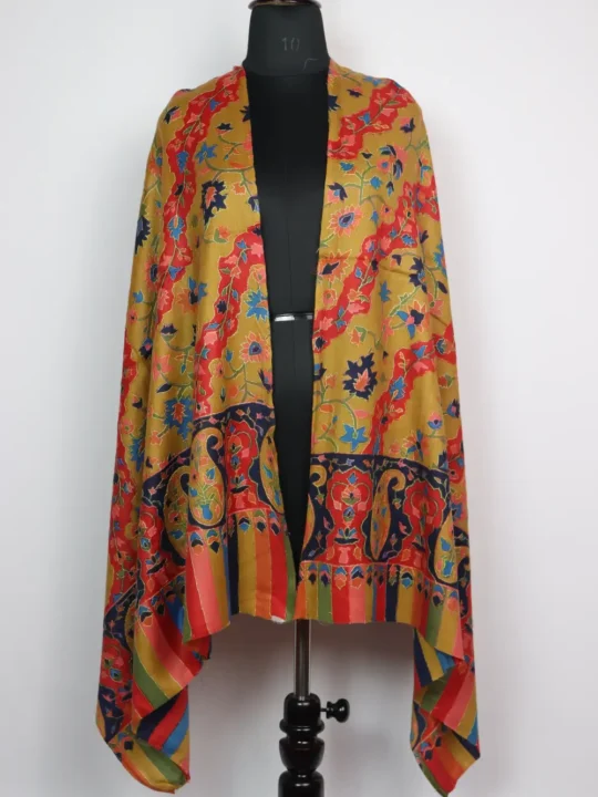 Laila Mustard Polywool Stole With Kalamkari and Sozni Embroidery
