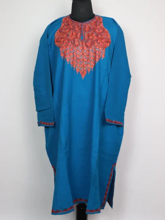 Naaz Kashmiri Blue Raffal Wool Pheran with Hand Aari Embroidery