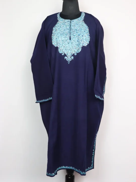 Zebah Kashmiri Indigo Blue Raffal Wool Pheran with Hand Aari Embroidery