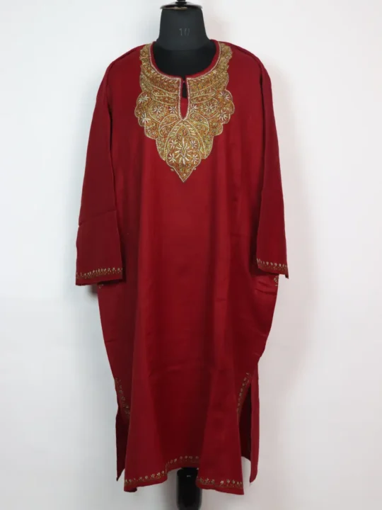 Loose Maroon Raffal Wool Zareen Pheran with Hand Sozni Work