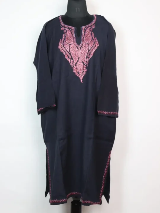 Black Loose Raffal Wool Sadiqah Pheran with Hand Sozni Work