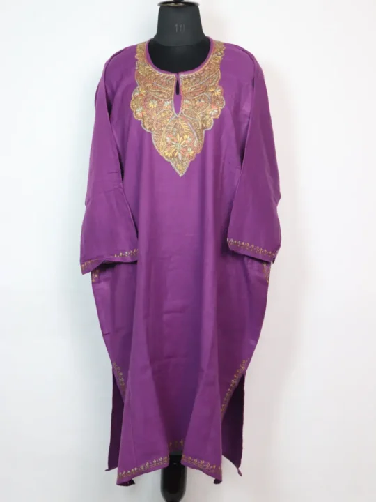 Mahir Loose Raffal Wool Purple Pheran with Hand Sozni Work