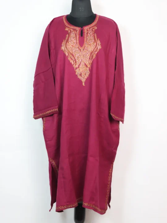 Mahir Loose Raffal Wool Magenta Pheran with Hand Sozni Work