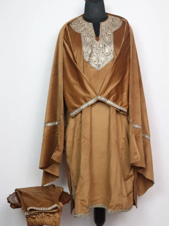 Hayat Loose 3pc Pheran Set in Brown Velvet with Zari Tilla Embroidery