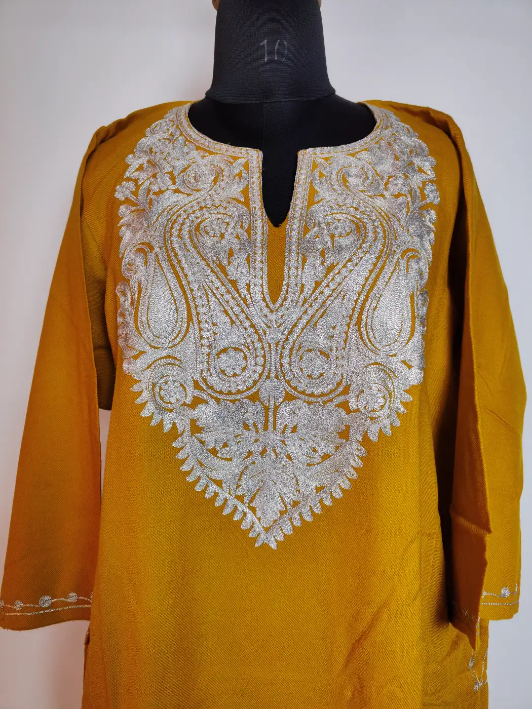 Nowhatta Mustard Cashmilon Pheran with Zari Embroidery Neck - Image 2