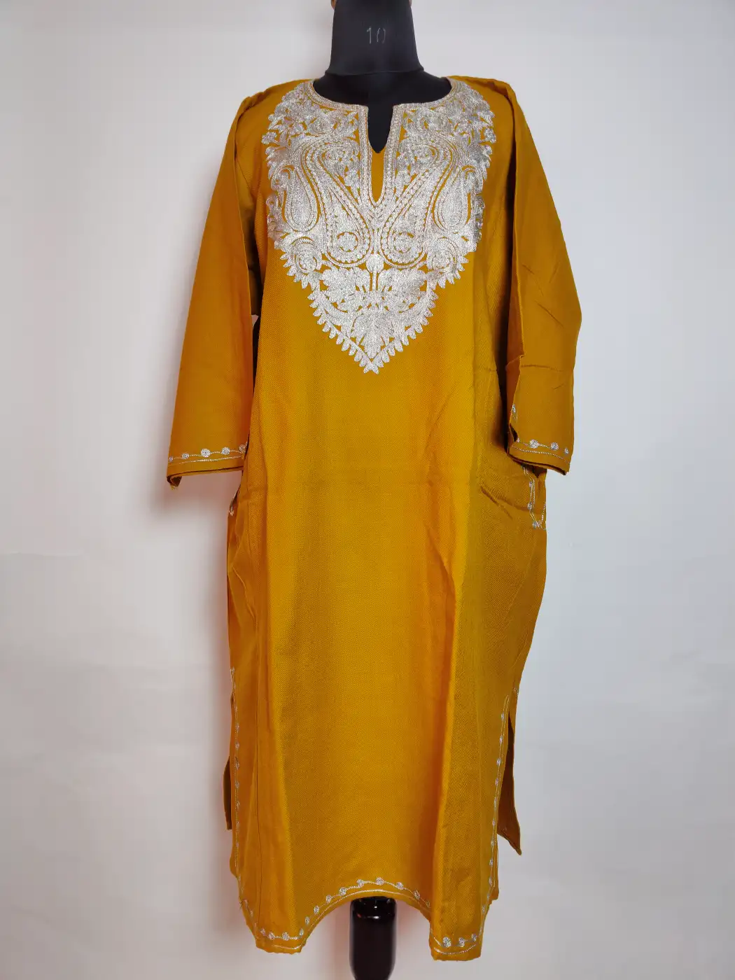 Nowhatta Mustard Cashmilon Pheran with Zari Embroidery Neck