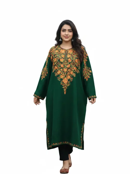 Izbandh Green Pheran with Aari Work in Cashmilon Wool