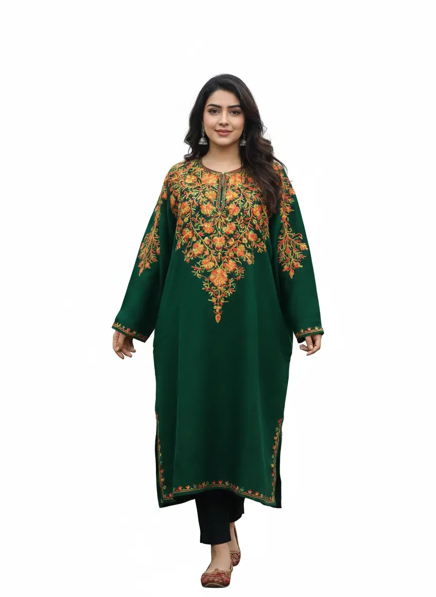 Izbandh Green Pheran with Aari Work in Cashmilon Wool