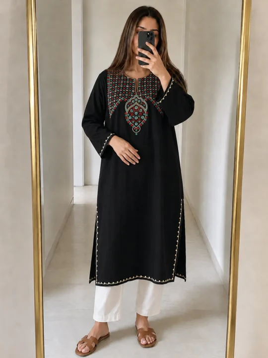 Cashmilon Wool Black Pheran with Sozni Embroidery Neha