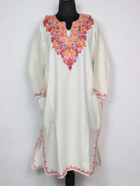 Aari Work Bano White Pheran in Cashmilon Wool