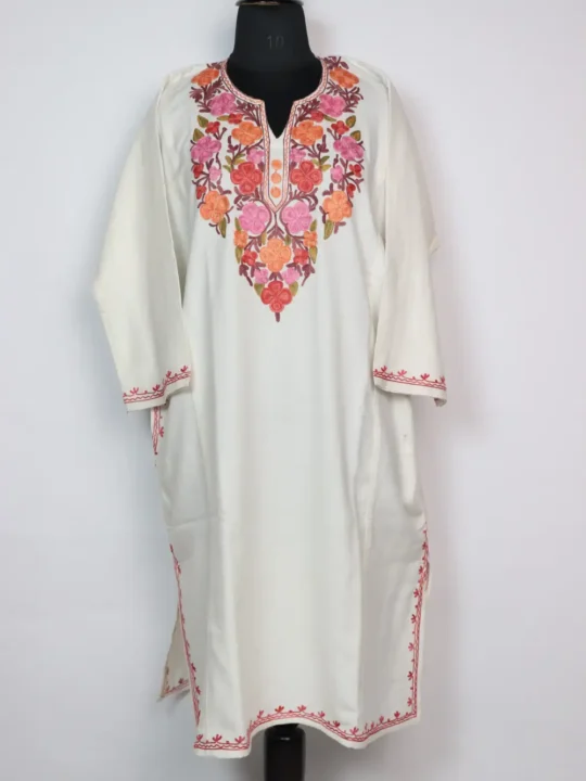 Rukhsan White Aari Work Pheran in Cashmilon Wool